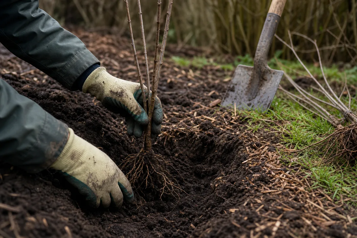 Mains gantées d&rsquo;un jardinier plaçant un jeune plant à racines nues dans une tranchée de plantation paillée