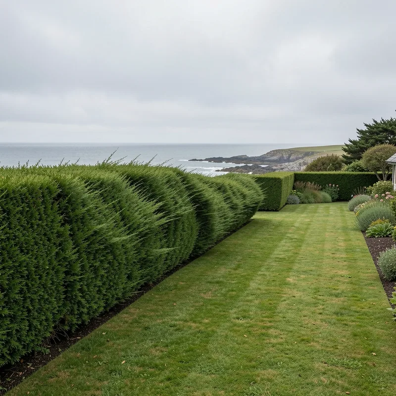 Haie persistante de bord de mer fraîchement taillée, couchée par le vent d&rsquo;ouest sur la côte du Morbihan