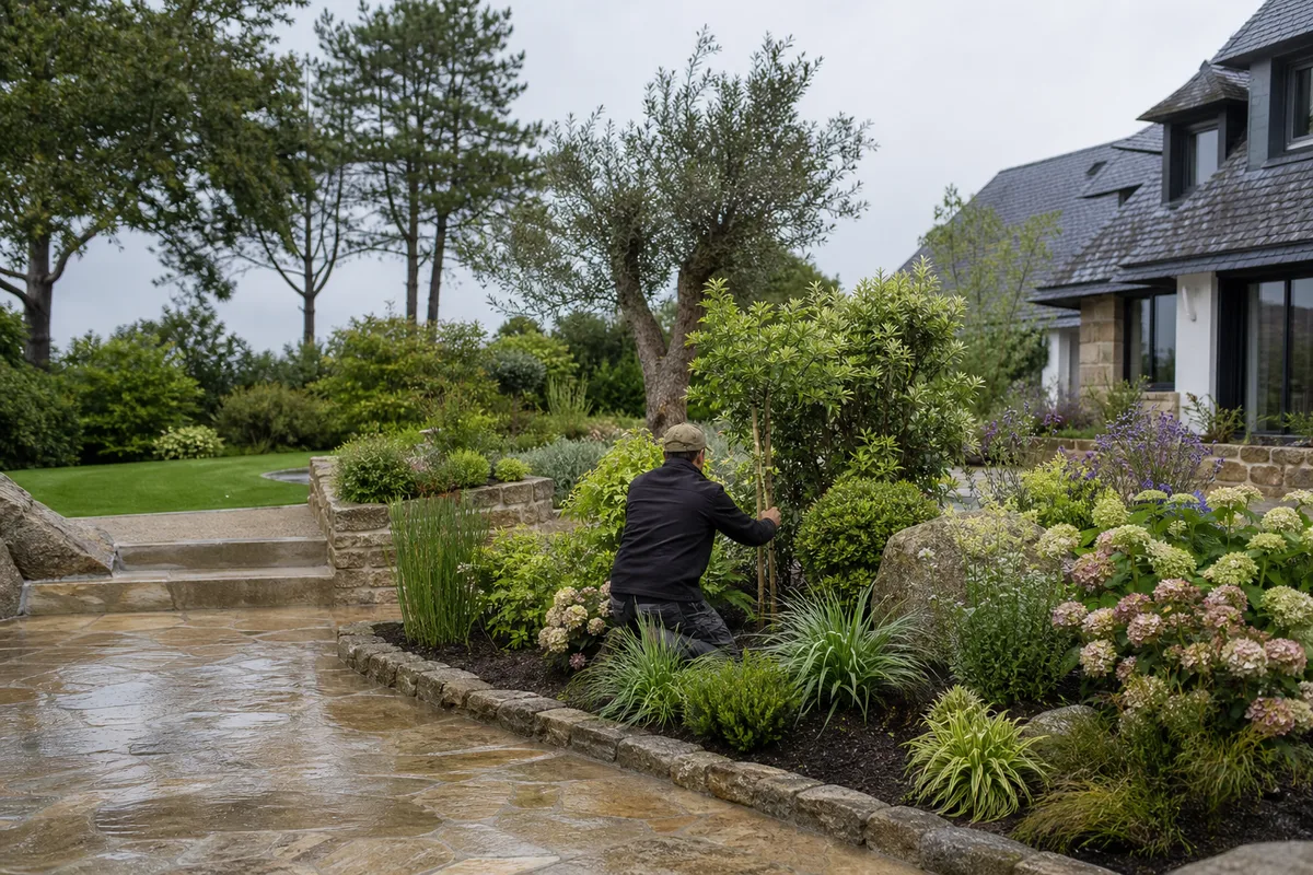 Muret de pierre sèche et talus planté le long d’une allée de jardin breton