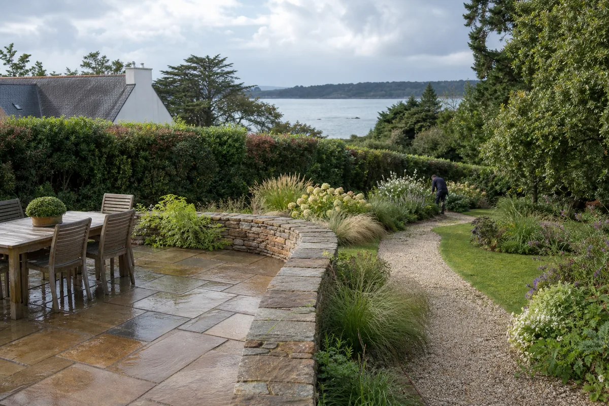 Aménagement extérieur en Bretagne Sud : terrasses et allées