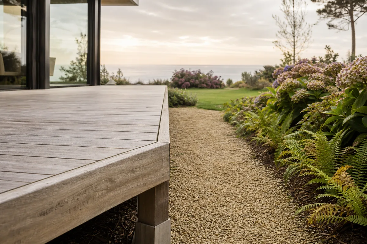 terrasse en bois clair posée sur plots dans un jardin breton, allée gravillonnée bordée d’hortensias, lumière douce en fin de journée