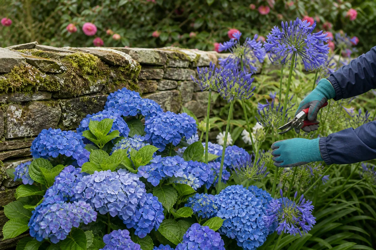 massif d’hortensias bleus et d’agapanthes en bordure d’un muret de pierre sèche, jardin breton entretenu