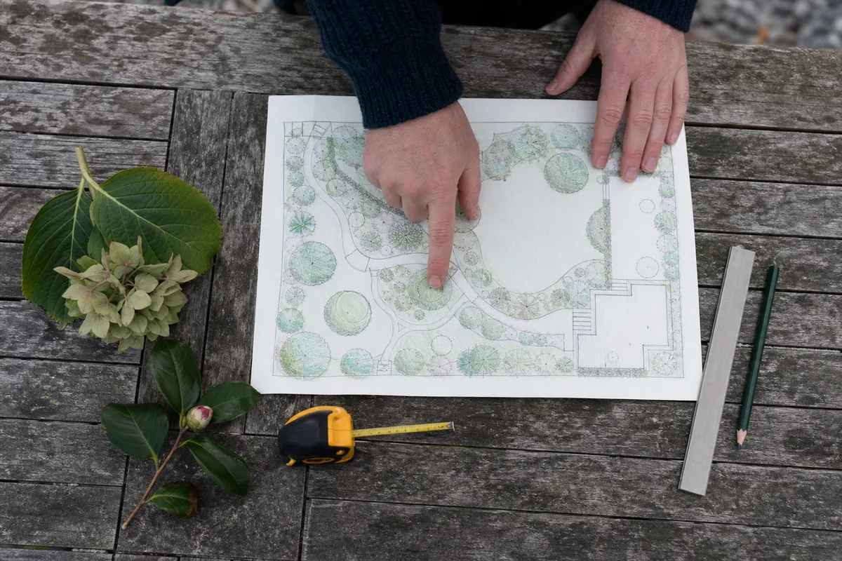 Table d’extérieur avec plan de jardin déroulé et échantillons de végétaux, mains posées sur les esquisses