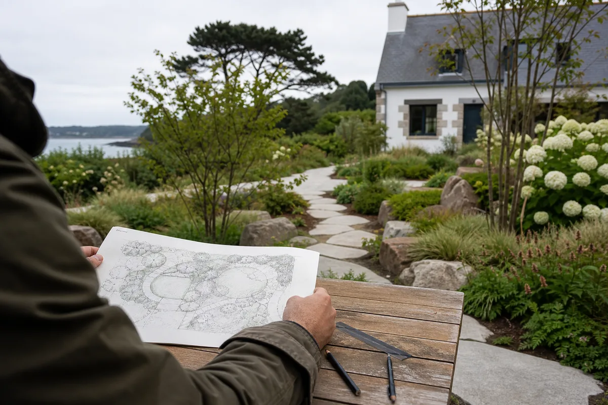 Jardin littoral avec agapanthes et muret de pierre sèche face à la mer