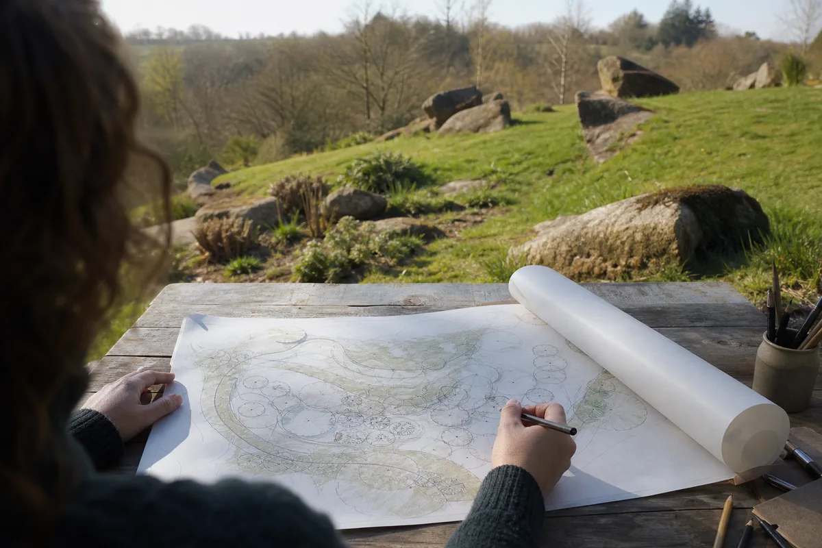 Plan de jardin en terrasses dessiné à la main face à une pente granitique