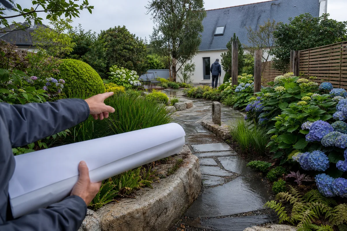Esquisse de plan de jardin posée sur une table avec échantillons de végétaux