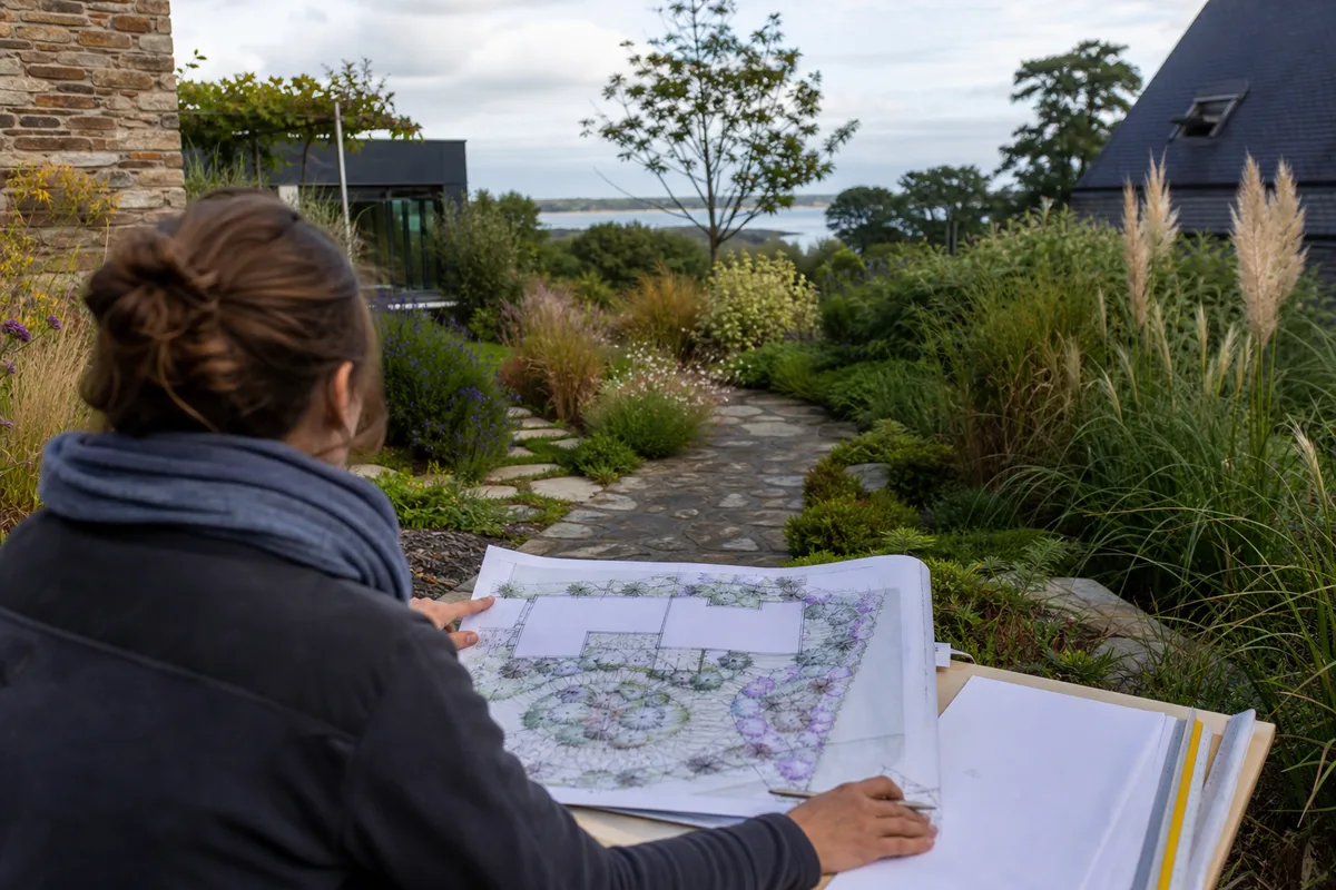 Jardin contemporain breton avec terrasse en granit et massifs de graminées