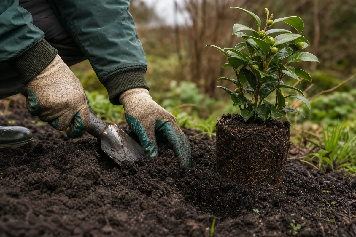 Terre sombre et humide d’un jardin breton avec des mains gantées qui travaillent le sol
