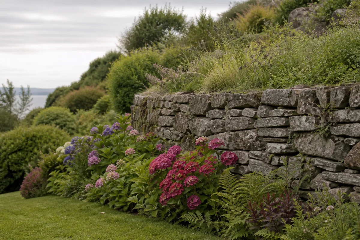 Muret de pierre sèche en granit breton bordant un jardin planté d’arbustes, lumière douce