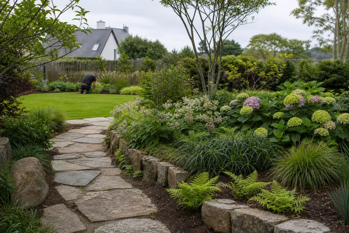 Plan de jardin déroulé sur une table d’extérieur avec rameaux de camélia