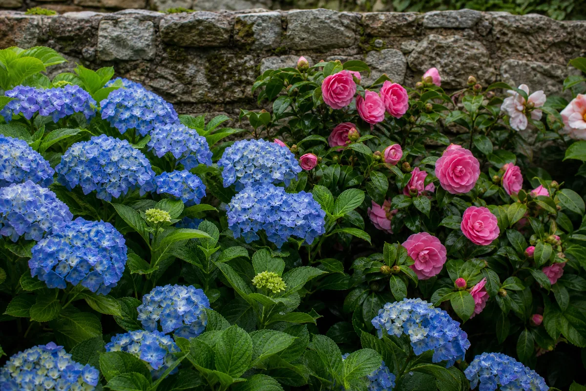 Jardin breton planté d’hortensias et de camélias près d’un muret en granit à Lorient