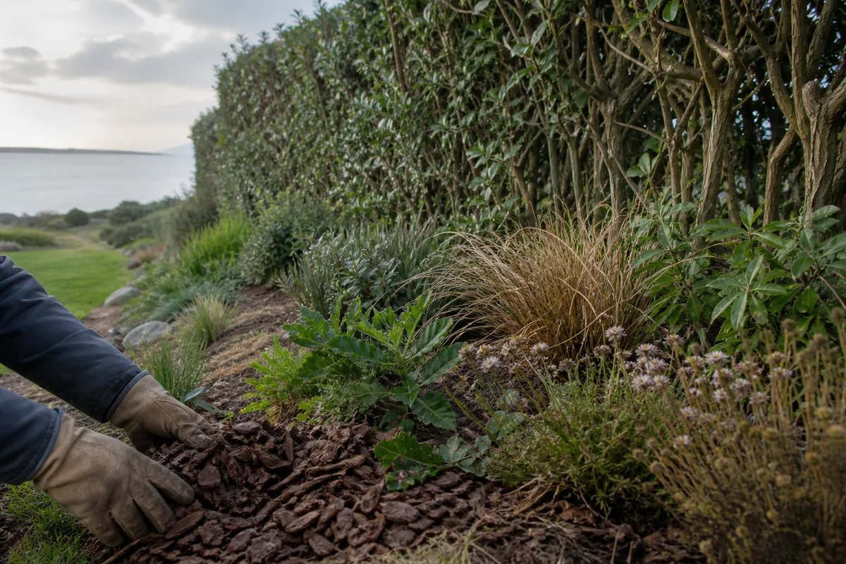 Talus planté et haie brise-vent en bordure d’un jardin proche du littoral lorientais