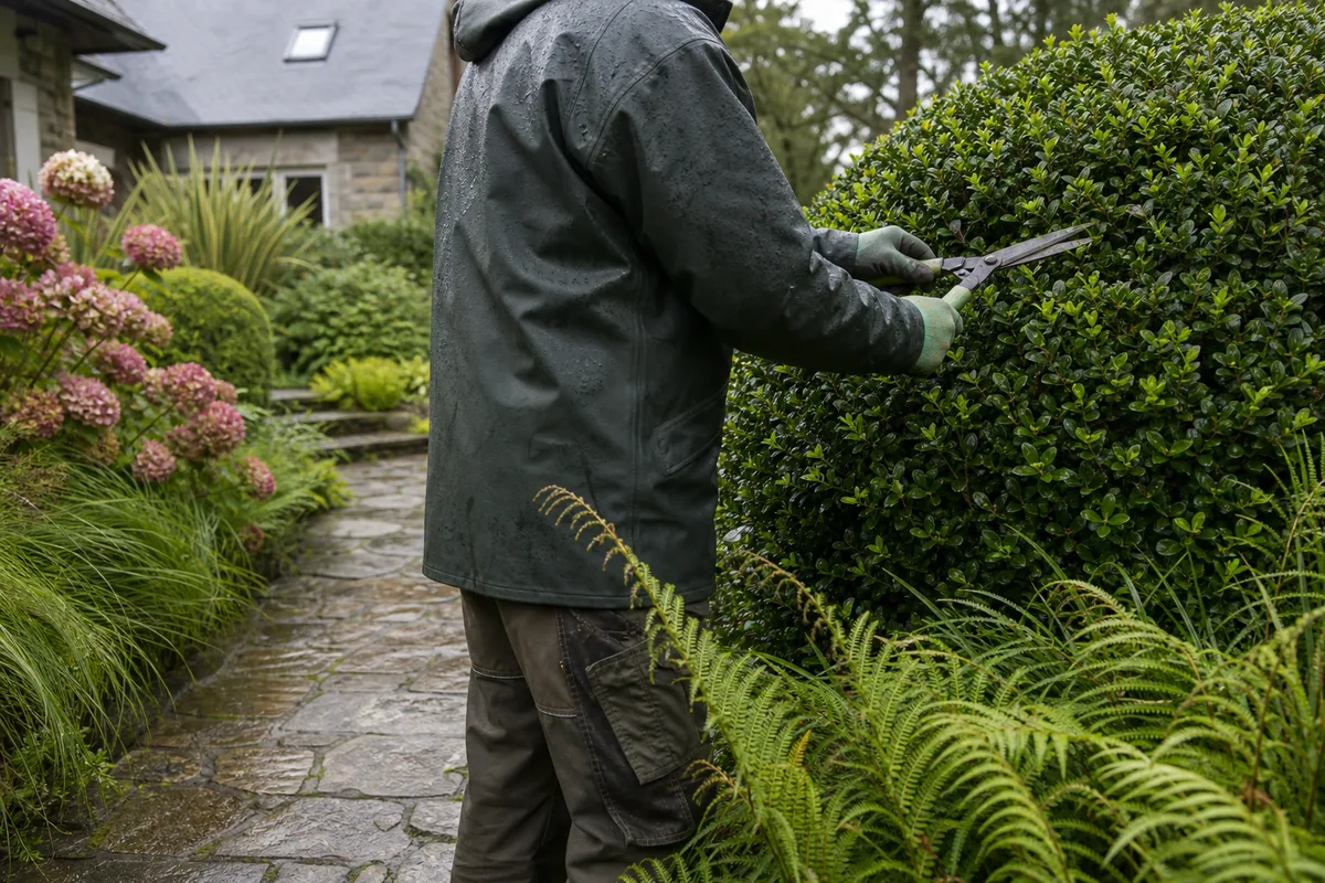 Taille d’une haie au taille-haie thermique le long d’un talus planté breton