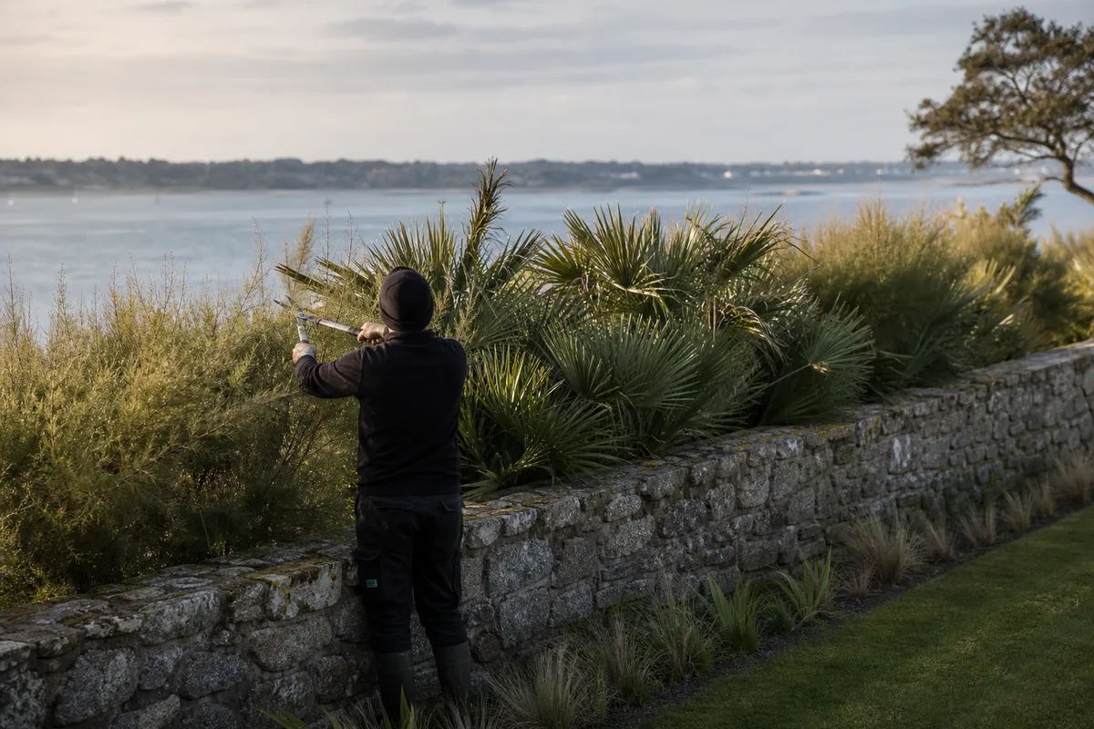 Haie brise-vent de tamaris et palmiers le long d’un jardin face à la rade de Lorient
