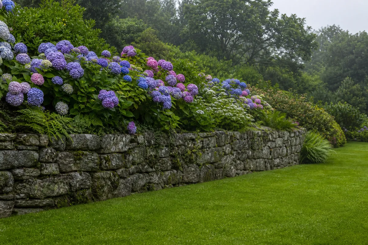Muret en pierre sèche de granit bordant une pelouse verdoyante dans un jardin breton