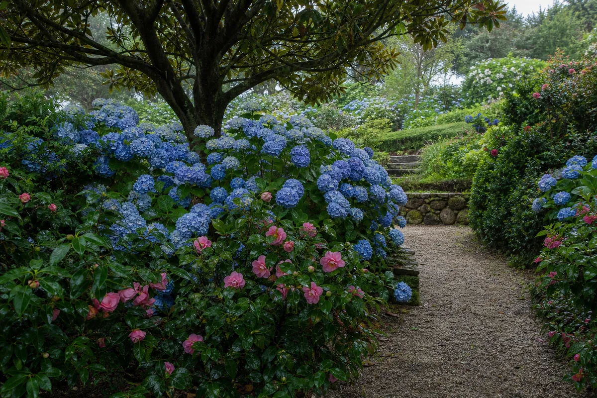 Massif d’hortensias et de camélias dans un jardin en terrasses proche de Quimperlé