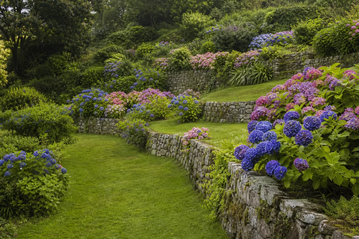Paysagiste à Quimperlé : jardin en pente, hortensias, devis